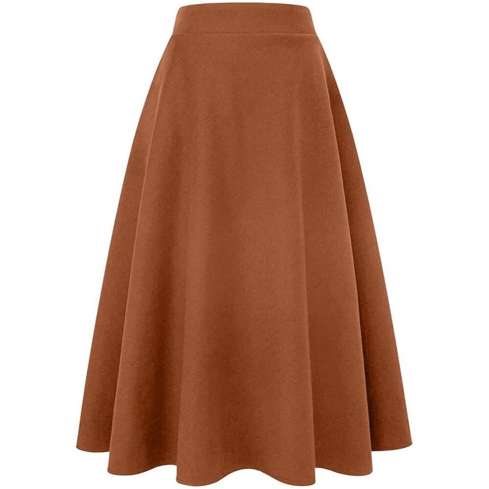 Womens Long Camel Elastic Waist A-Line Pleated Tartan Long Plaid Wool Skirts